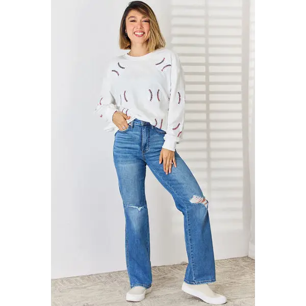 Sequin Ball Round Neck Dropped Shoulder Sweatshirt - Tops