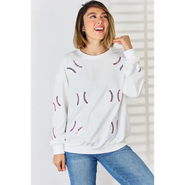 Sequin Ball Round Neck Dropped Shoulder Sweatshirt - Tops