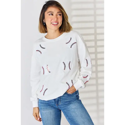 Sequin Ball Round Neck Dropped Shoulder Sweatshirt - White / S - Tops