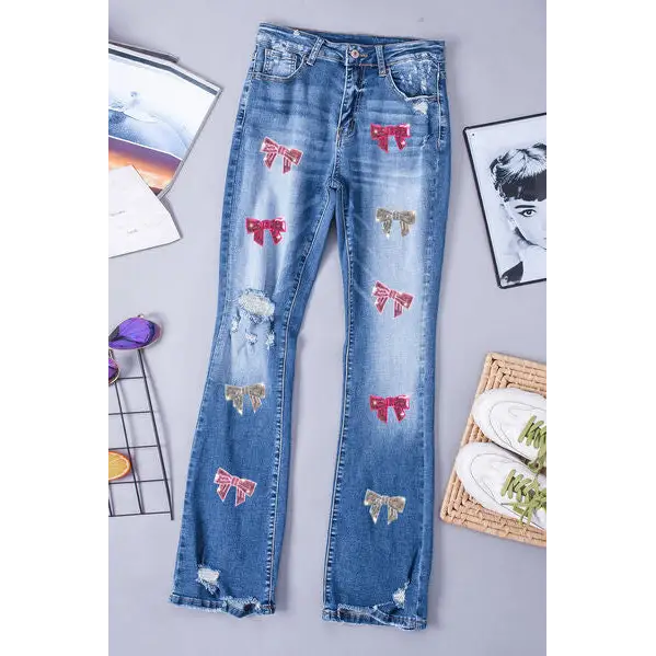 Sequin Bow Distressed Bootcut Jeans - Bottoms