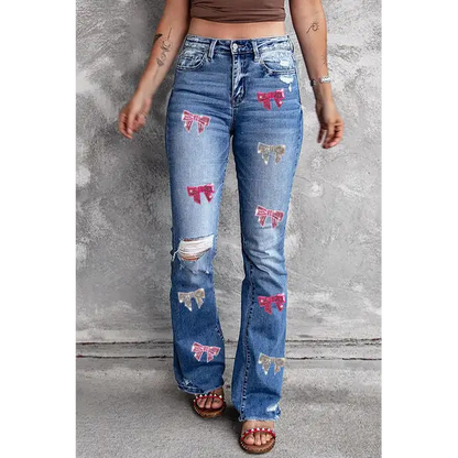 Sequin Bow Distressed Bootcut Jeans - Medium / 6 - Bottoms