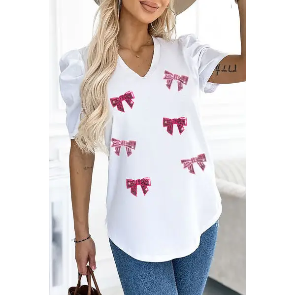 Sequin Bow Print V-Neck Puff Sleeve Blouse - White / M - Tops