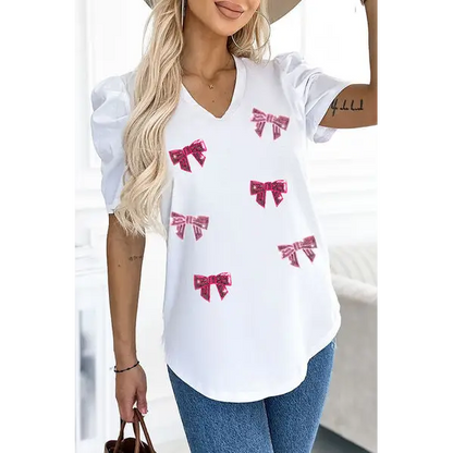 Sequin Bow Print V-Neck Puff Sleeve Blouse - White / M - Tops