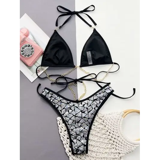 Sequin Halter Neck Two-Piece Bikini Set