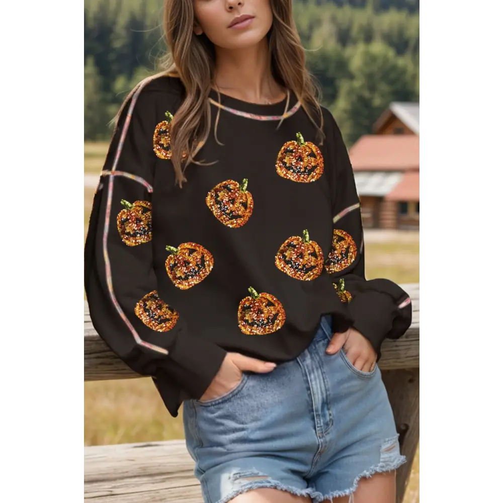 Sequin Pumpkin Round Neck Long Sleeve Sweatshirt - Black / S - Tops