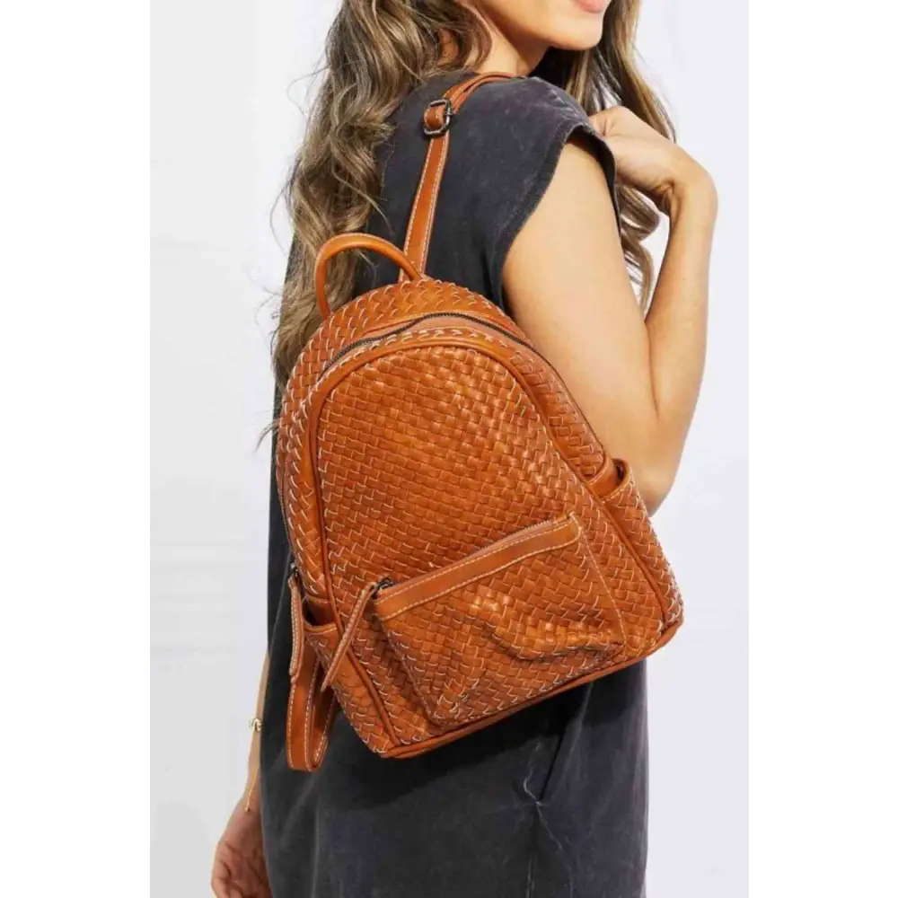 SHOMICO Certainly Chic Faux Leather Woven Backpack - Chestnut / One Size