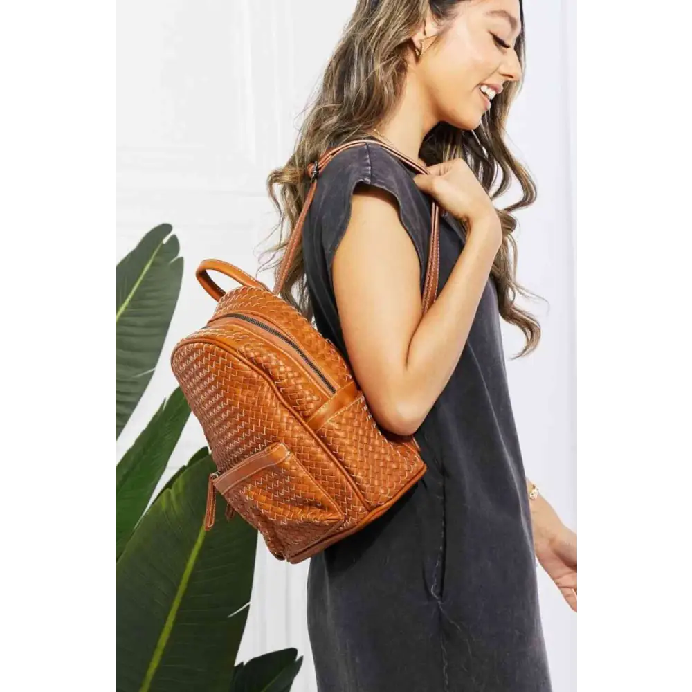 SHOMICO Certainly Chic Faux Leather Woven Backpack - Chestnut / One Size