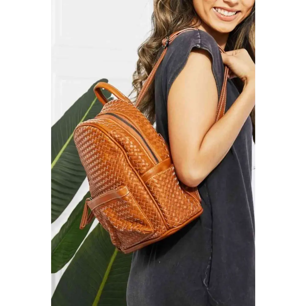 SHOMICO Certainly Chic Faux Leather Woven Backpack - Chestnut / One Size