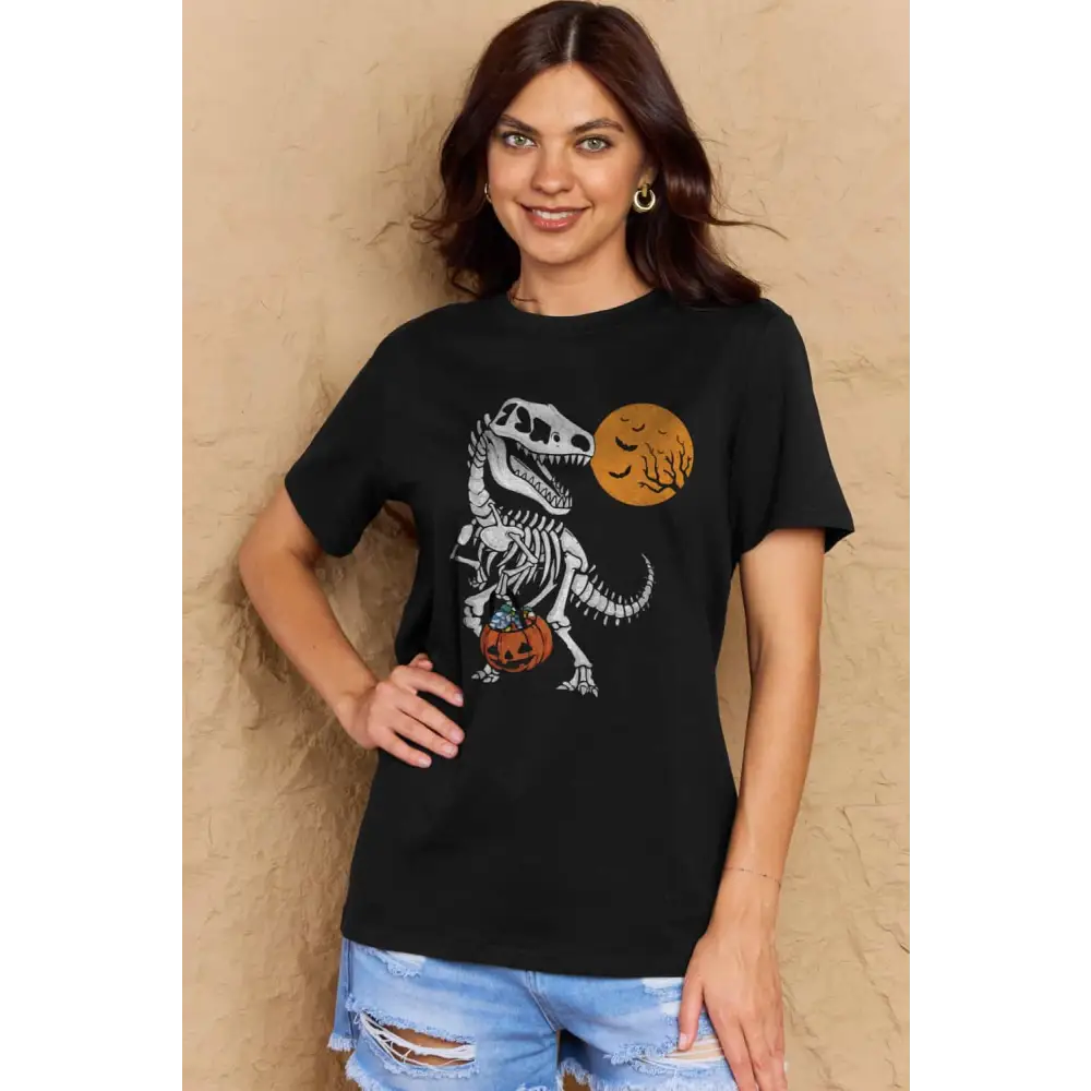 Simply Love Full Size Dinosaur Skeleton Graphic Cotton T-Shirt - Black / S - Tops