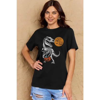 Simply Love Full Size Dinosaur Skeleton Graphic Cotton T-Shirt - Black / S - Tops