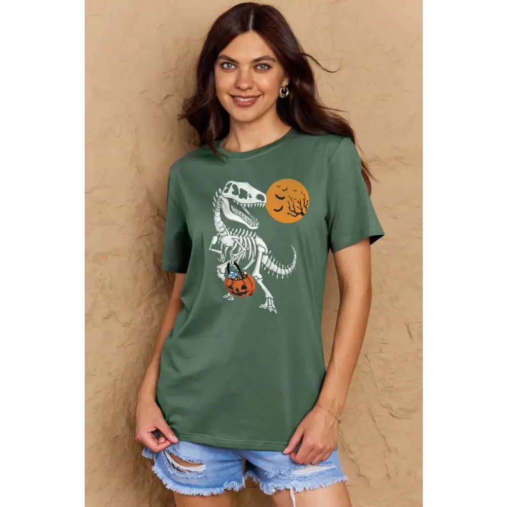 Simply Love Full Size Dinosaur Skeleton Graphic Cotton T-Shirt - Dark Green / S - Tops