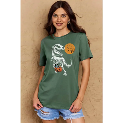 Simply Love Full Size Dinosaur Skeleton Graphic Cotton T-Shirt - Dark Green / S - Tops