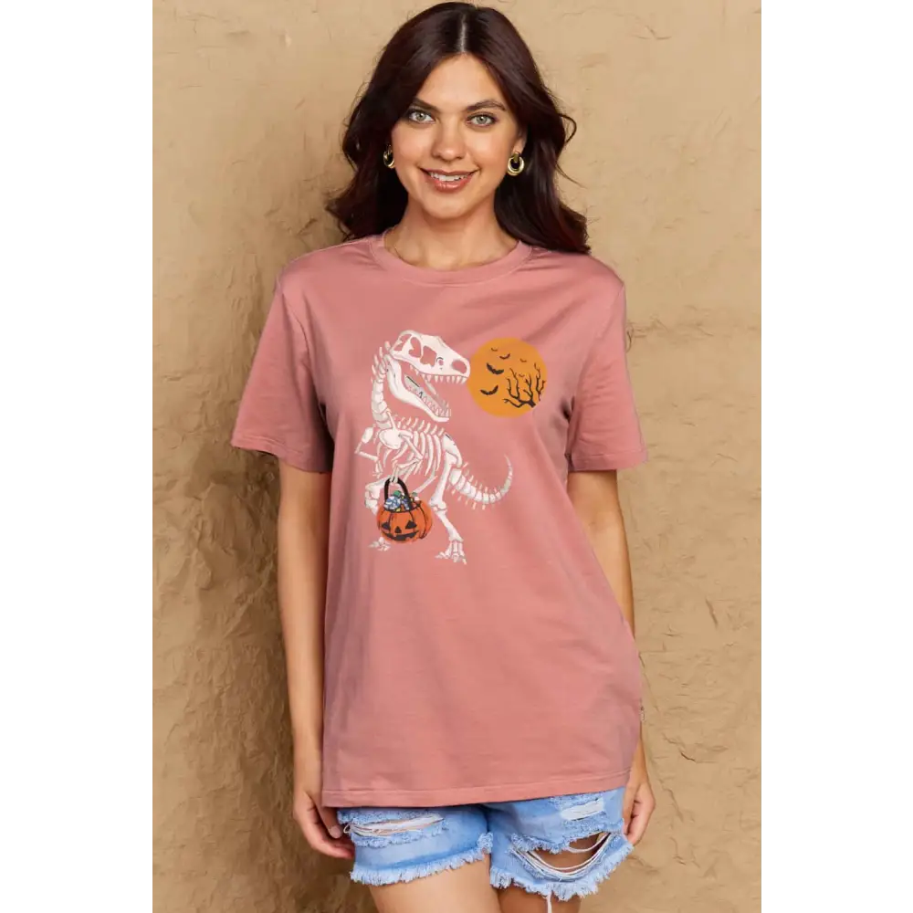 Simply Love Full Size Dinosaur Skeleton Graphic Cotton T-Shirt - Dusty Pink / S - Tops