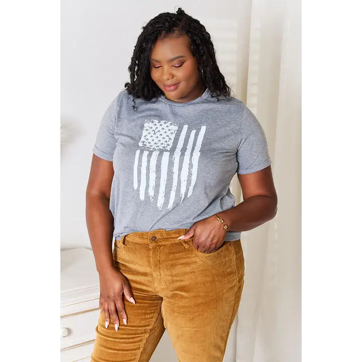 Simply Love US Flag Graphic Cuffed Sleeve T-Shirt - Tops