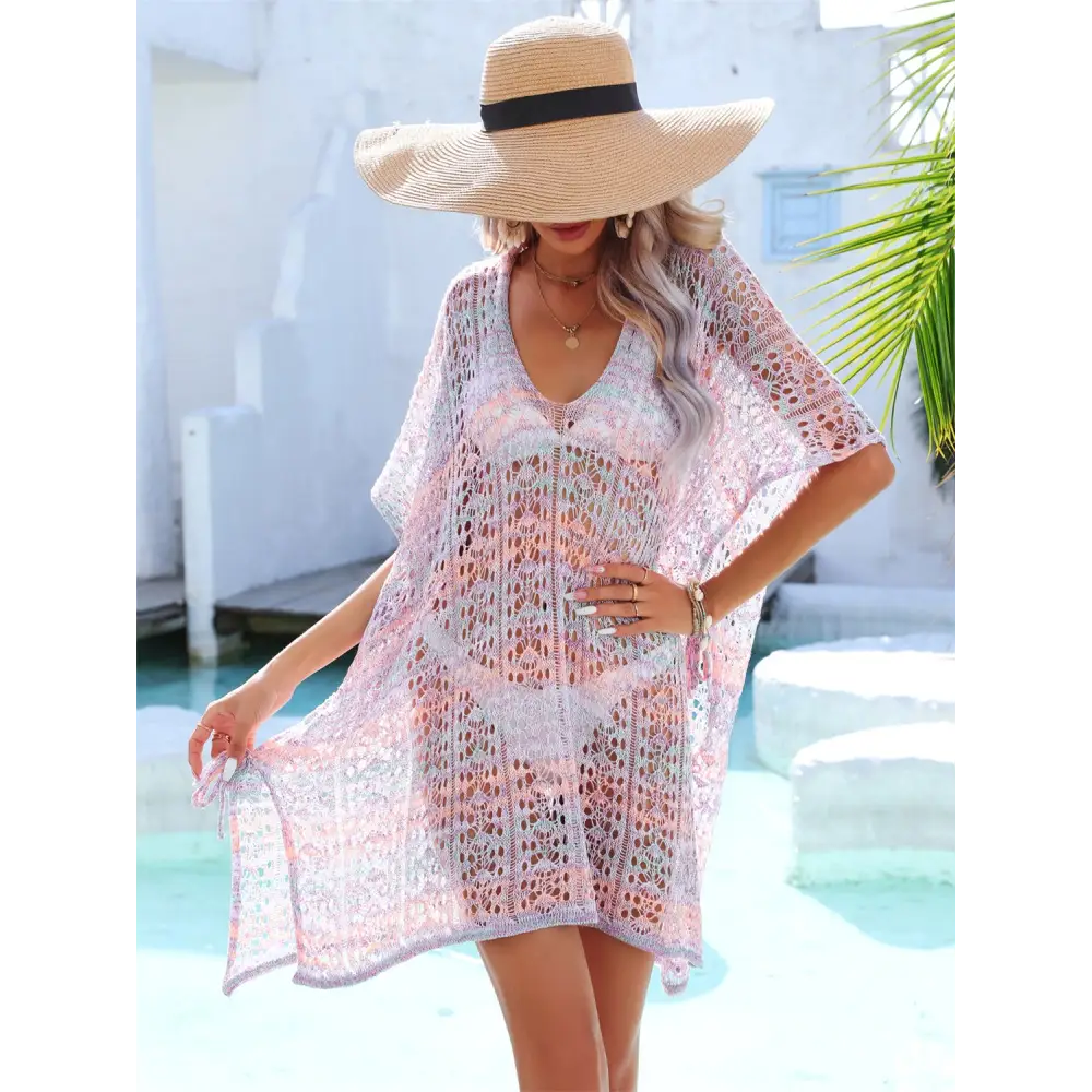 Slit Openwork V-Neck Cover Up - White / One Size