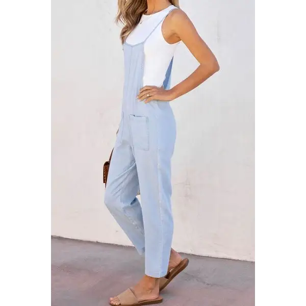 Spaghetti Strap Denim Overalls with Pockets - Bottoms