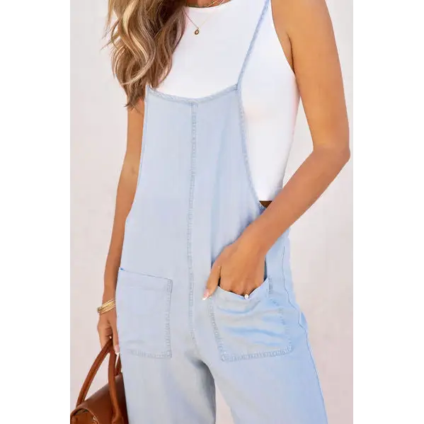 Spaghetti Strap Denim Overalls with Pockets - Bottoms