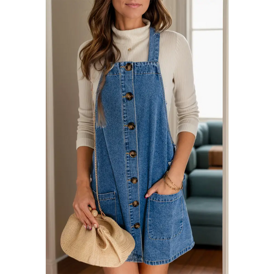 Square Neck Wide Strap Denim Overall Dress - Medium / S - Bottoms