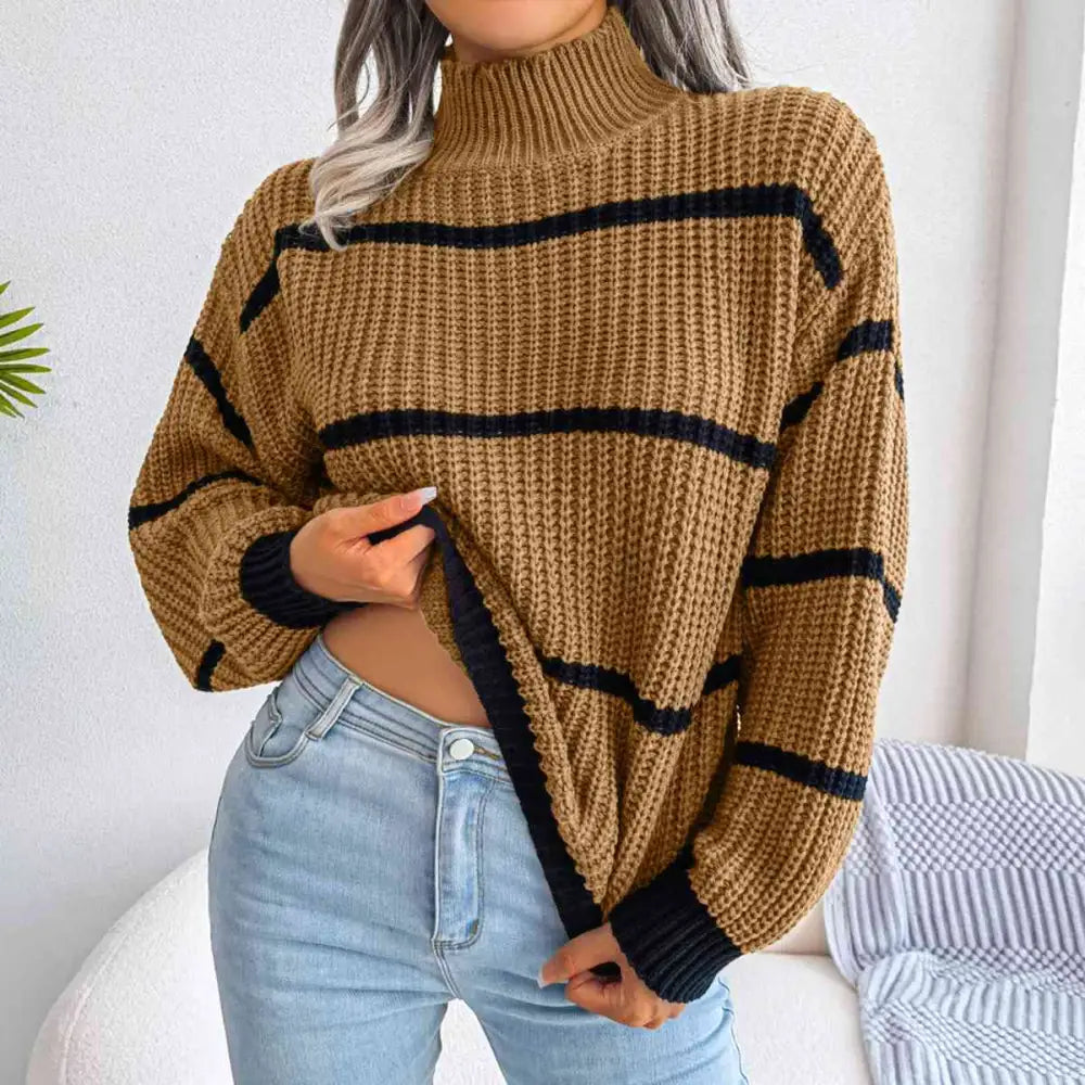 Striped Mock Neck Dropped Shoulder Sweater - Madi Gray Boutique