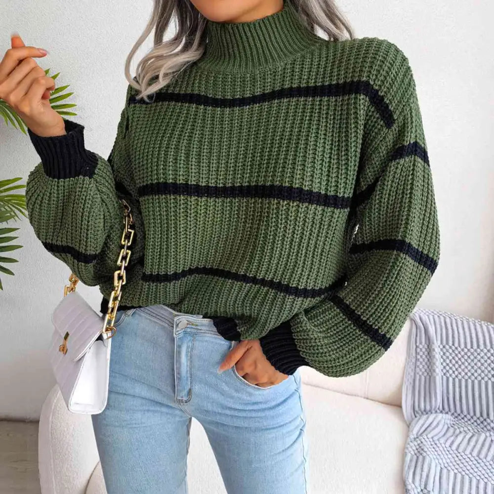 Striped Mock Neck Dropped Shoulder Sweater - Madi Gray Boutique