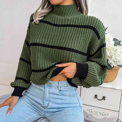 Striped Mock Neck Dropped Shoulder Sweater - Madi Gray Boutique