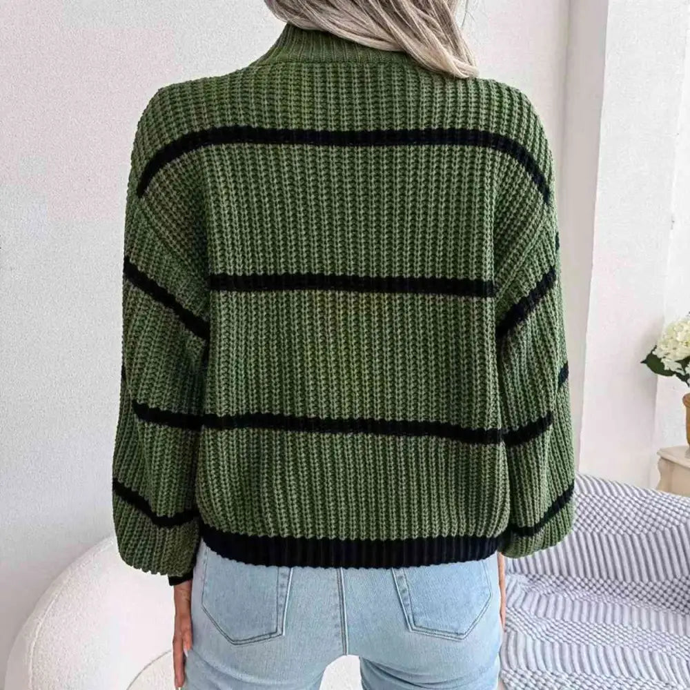 Striped Mock Neck Dropped Shoulder Sweater - Madi Gray Boutique