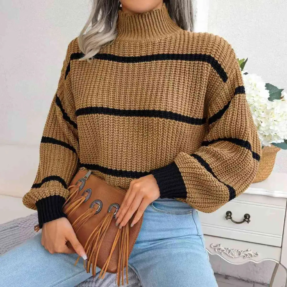 Striped Mock Neck Dropped Shoulder Sweater - Madi Gray Boutique