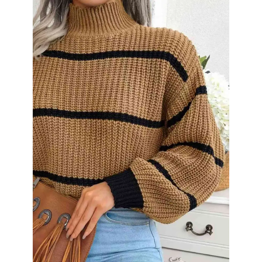 Striped Mock Neck Dropped Shoulder Sweater - Madi Gray Boutique