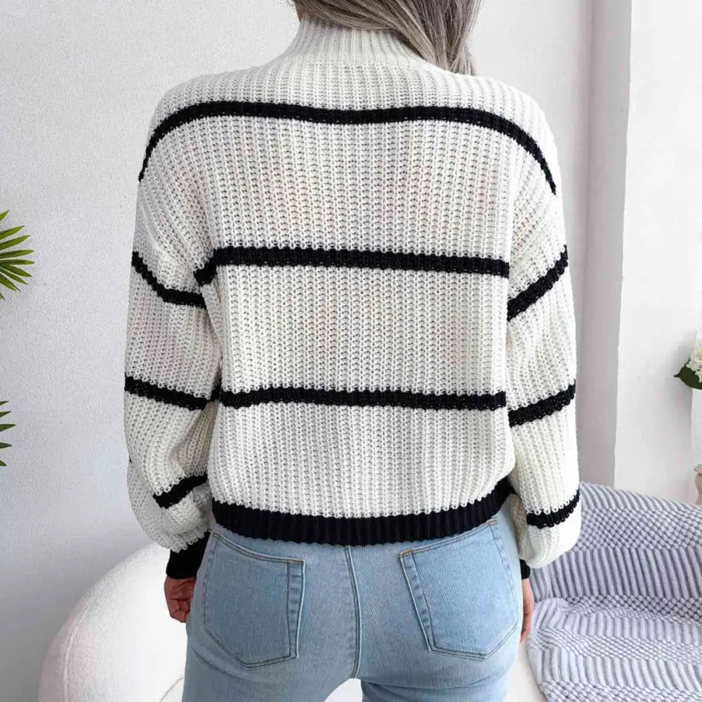 Striped Mock Neck Dropped Shoulder Sweater - Madi Gray Boutique