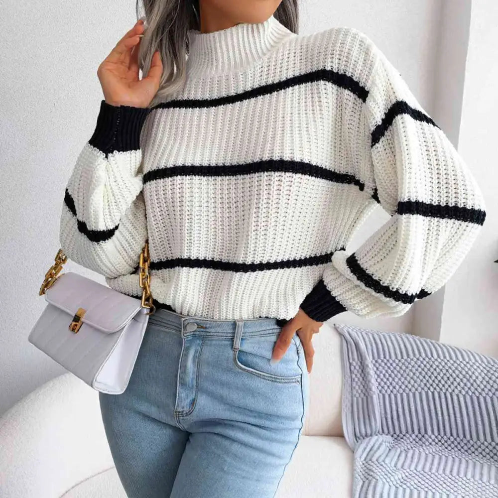 Striped Mock Neck Dropped Shoulder Sweater - Madi Gray Boutique