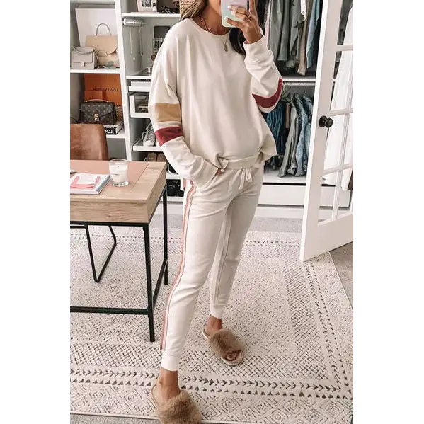 Striped Round Neck Sweatshirt and Drawstring Joggers Set - Cream / S