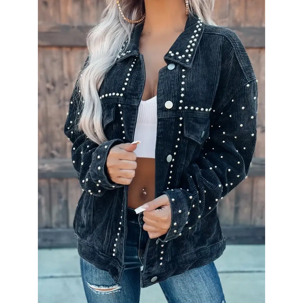 Studded Collared Neck Button Down Jacket - Black / S - Tops