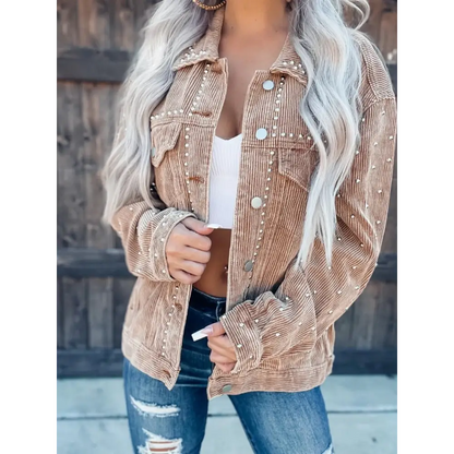 Studded Collared Neck Button Down Jacket - Tan / S - Tops