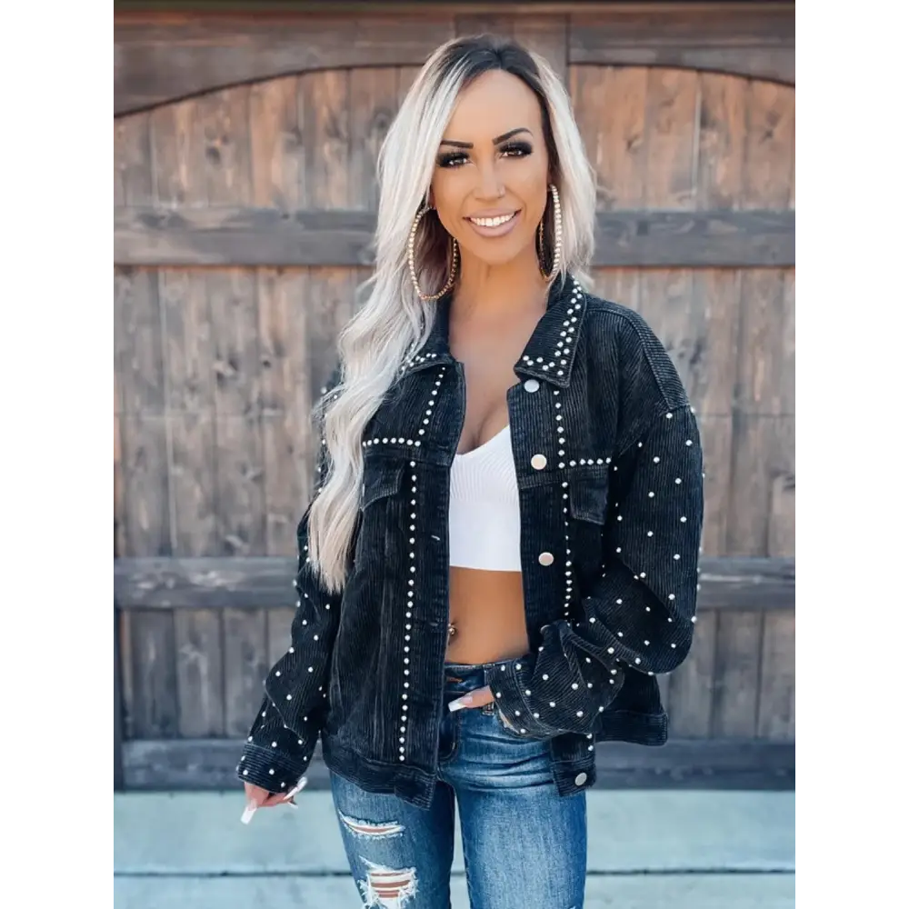 Studded Collared Neck Button Down Jacket - Tops