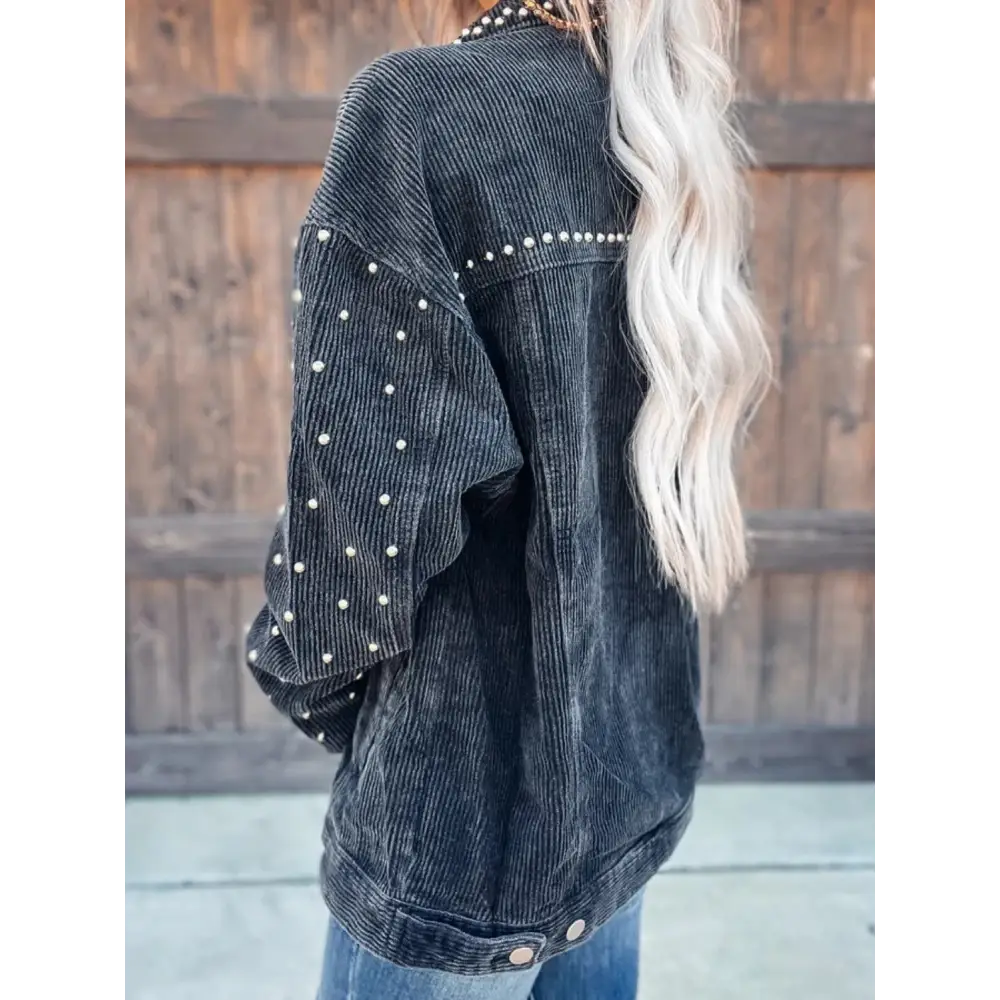 Studded Collared Neck Button Down Jacket - Tops