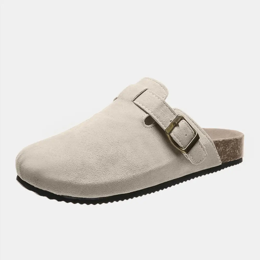 Suede Closed Toe Buckle Slide - Beige / 6