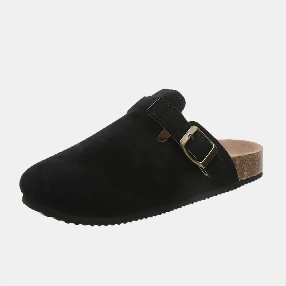 Suede Closed Toe Buckle Slide - Black / 6