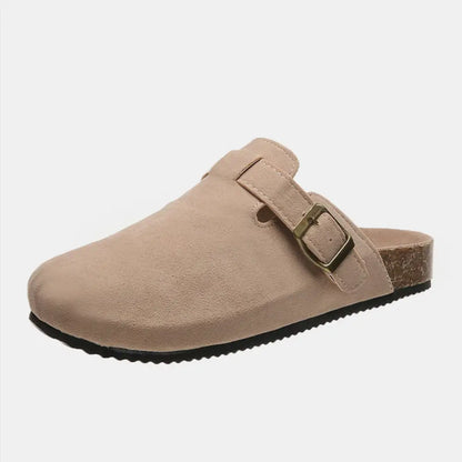 Suede Closed Toe Buckle Slide - Camel / 6