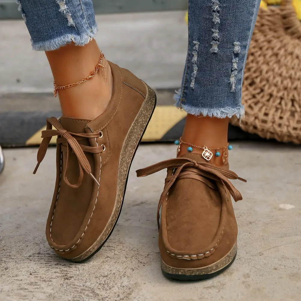 Suede Lace-Up Flat Slip-Ons - Coffee Brown / 36(US5)