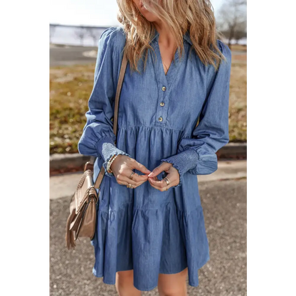 Tiered Johnny Collar Long Sleeve Denim Dress - Dress