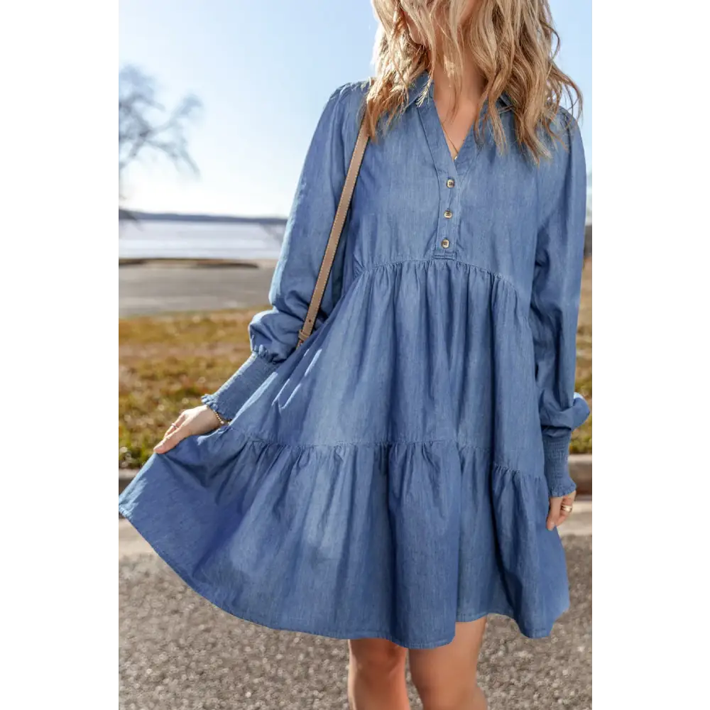 Tiered Johnny Collar Long Sleeve Denim Dress - Dress