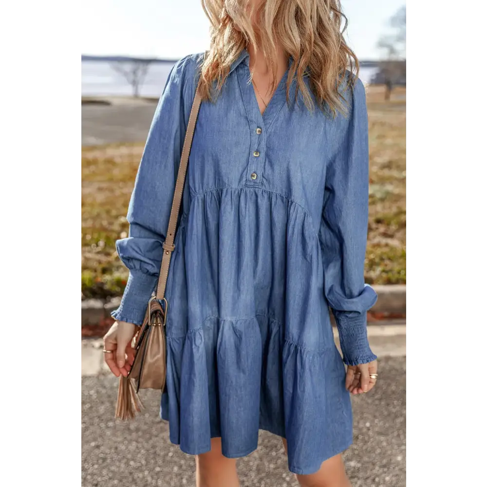 Tiered Johnny Collar Long Sleeve Denim Dress - Dress