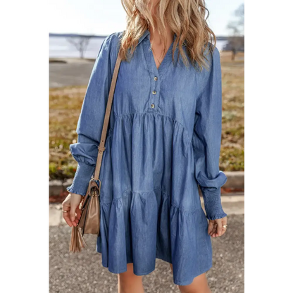 Tiered Johnny Collar Long Sleeve Denim Dress - Dress