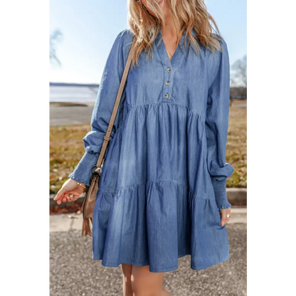 Tiered Johnny Collar Long Sleeve Denim Dress - Medium / S - Dress