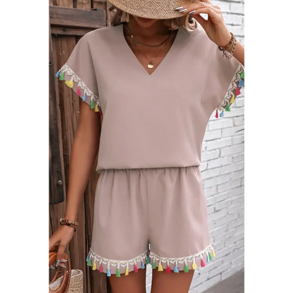 V-Neck Tassel Decor Top and Shorts Set - Madi Gray Boutique