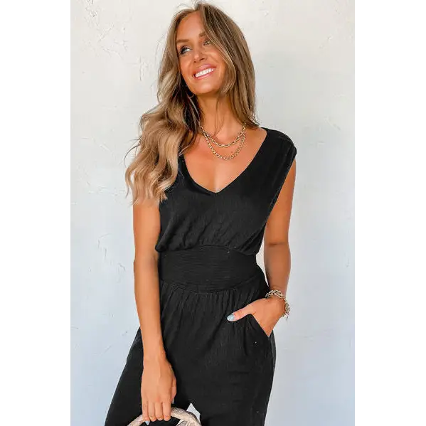 V-Neck Wide Strap Pocketed Jumpsuit