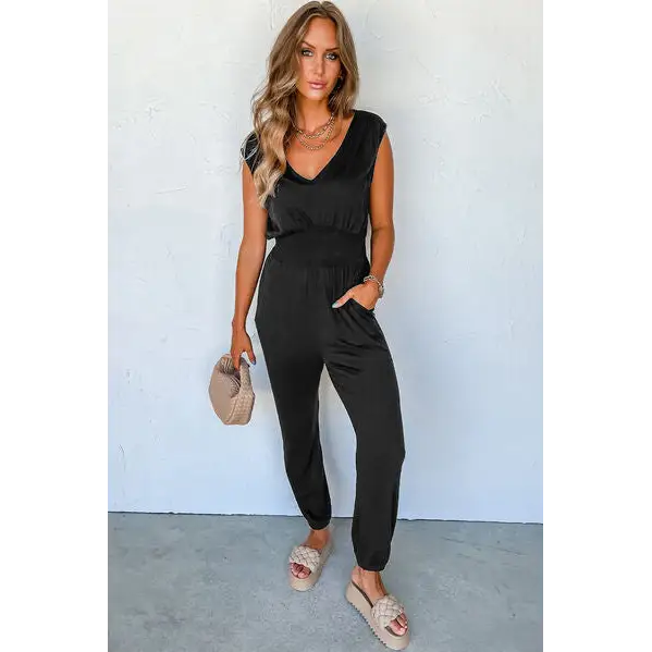 V-Neck Wide Strap Pocketed Jumpsuit