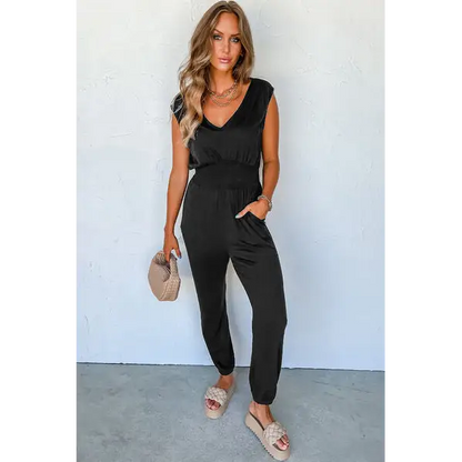 V-Neck Wide Strap Pocketed Jumpsuit