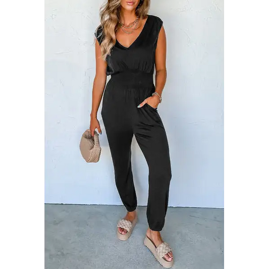 V-Neck Wide Strap Pocketed Jumpsuit - Black / S