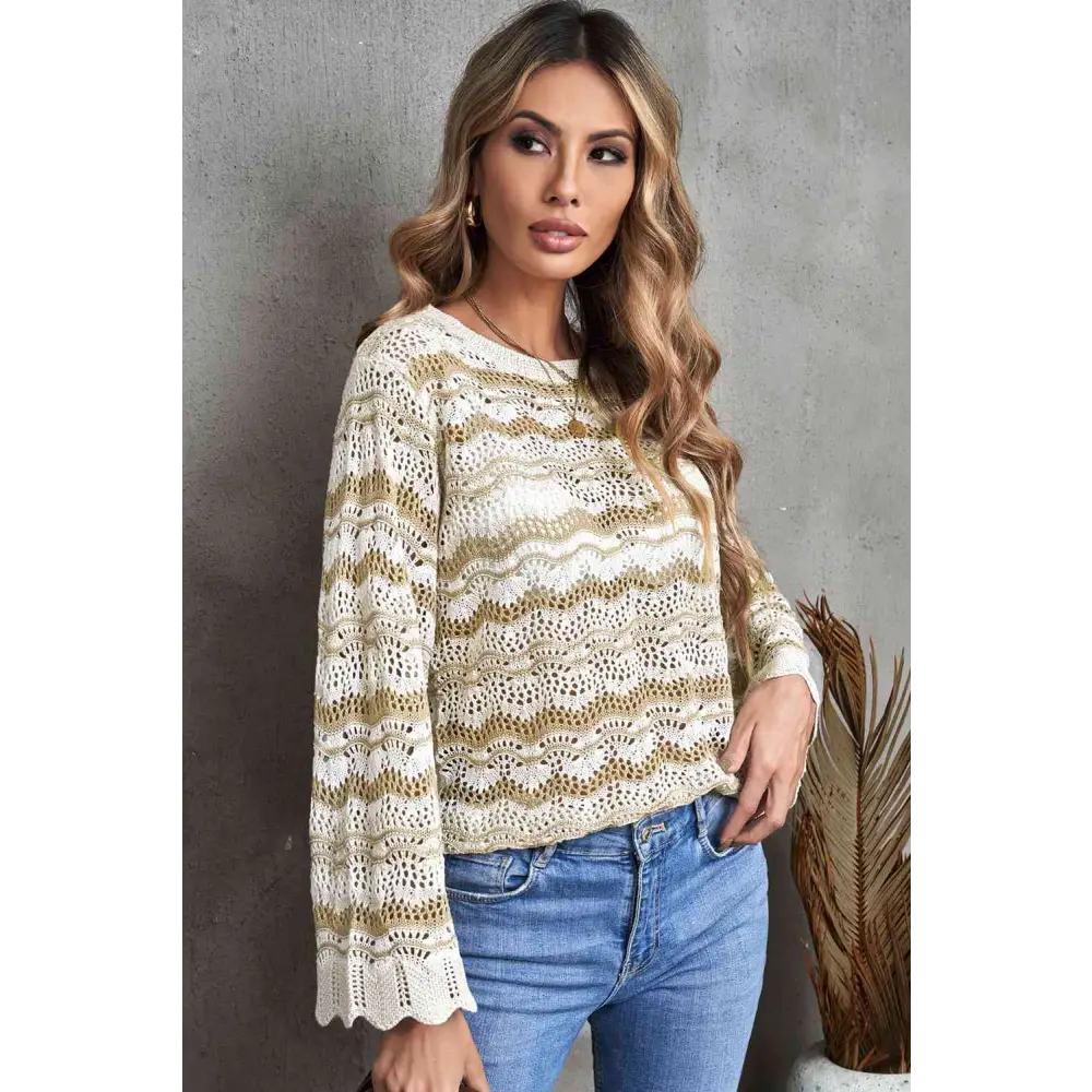 Wavy Stripe Scalloped Hem Openwork Knit Top - Tops